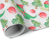 Papier Cadeau Dinosaure d'aquarelle avec un arbre de Noël (Coin rond)