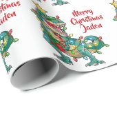 Papier Cadeau Dinosaure de Noël Joyeux Personnalisé (Coin rond)