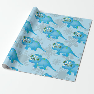 Papier Cadeau Dinosaure de Noël Snowflakes mignons Bleu enfants