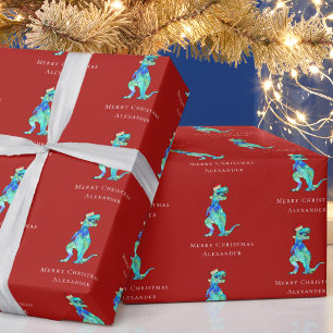 Papier Cadeau Dinosaure de Noël T-Rex Personnalisé Enfants Rouge