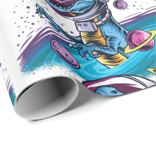 Papier Cadeau Dinosaure de T-Rex drôle dans l'espace (Coin rond)