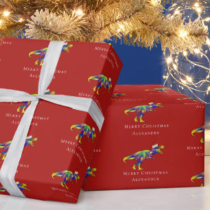 Papier Cadeau Dinosaure Drôle Joyeux Noël Rouge Personnalisé