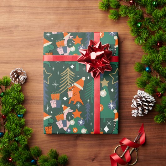 Papier Cadeau Dinosaure Noël Vert fête (Cadeau de vacances)