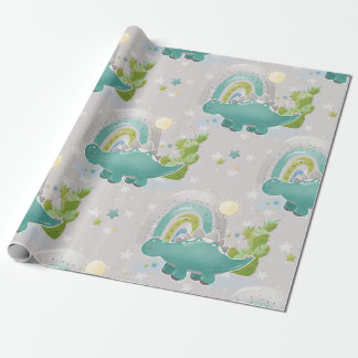 Papier Cadeau Dinosaure Vert Et Baby shower Arc-En-Ciel Motif