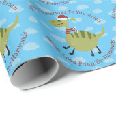 Papier Cadeau Dinosaure vert volant de Noël personnalisé (Coin rond)