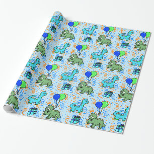Papier Cadeau Dinosaures Anniversaire Bleu et Vert Confettis