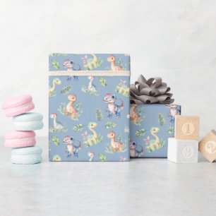 Papier Cadeau Dinosaures aquarelle sur bleu gris