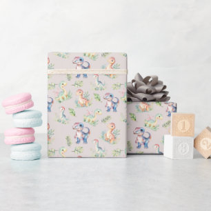 Papier Cadeau Dinosaures aquarelle sur le rose gris