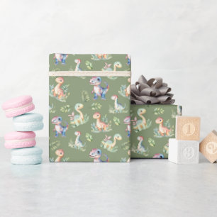 Papier Cadeau Dinosaures aquarelle sur vert olive