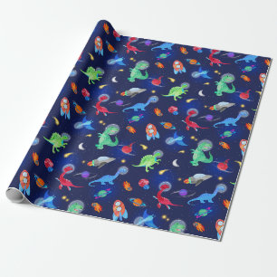 Papier Cadeau Dinosaures astronautes à l'aquarelle dans l'espace