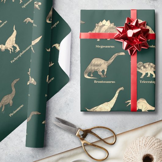 Papier Cadeau Dinosaures Avec Noms Motif Vert
