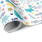 Papier Cadeau Dinosaures et licornes pour enfants (Coin rond)