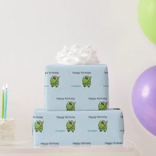 Papier Cadeau Dinosaures verts mignons personnalisés bleu annive