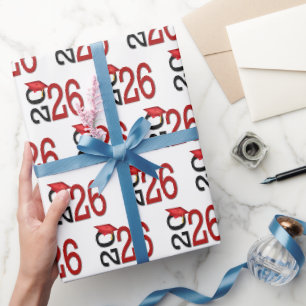Papier Cadeau Diplômé 2026 Rouge et Noir sur Fond Blanc