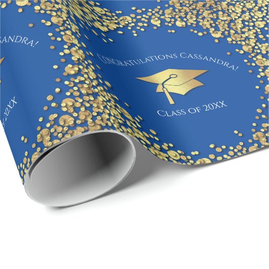 Papier Cadeau Diplômé Bleu et Or (Coin rond)