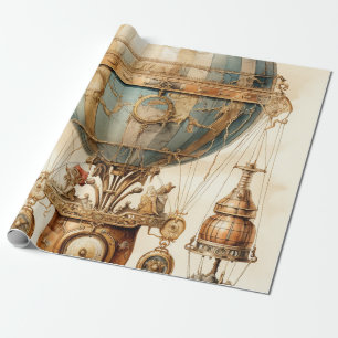 Papier Cadeau Dirigeable mécanique vintage Globe bleu sépia