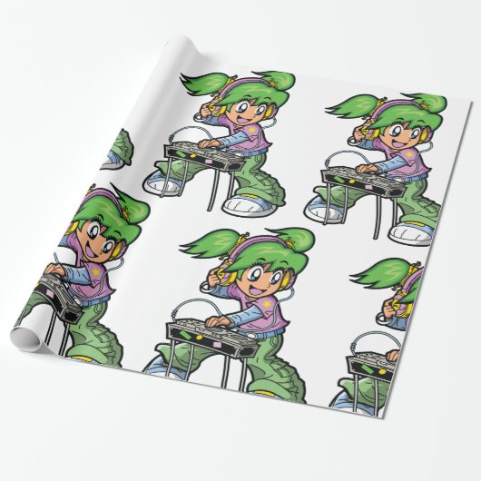 Papier Cadeau DJ Girl avec cheveux verts et casques (Déroulé)
