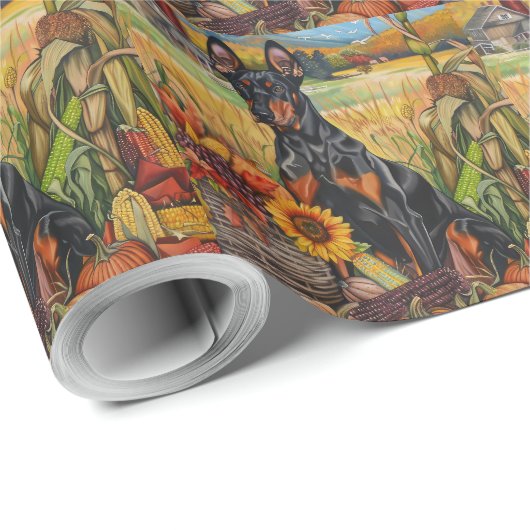 Papier Cadeau Doberman Chien Moisson d'automne Thankgiving (Coin rond)