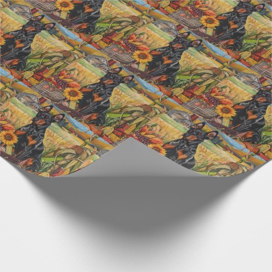 Papier Cadeau Doberman Chien Moisson d'automne Thankgiving (Coin)