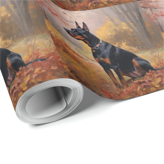 Papier Cadeau Doberman en automne Feuilles automne Inspire (Coin rond)