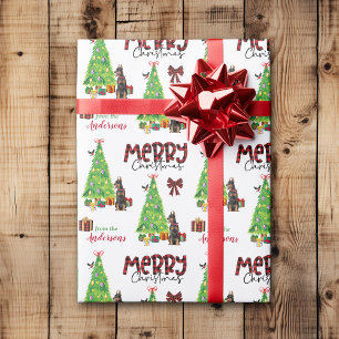 Papier Cadeau Doberman Pinscher, Oiseau et Arbre de Noël