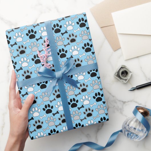 Papier Cadeau Dog Paw Prints and Bones Pattern Blue (Cadeaux)
