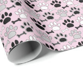 Papier Cadeau Dog Paw Prints and Bones Pattern Pink (Coin rond)