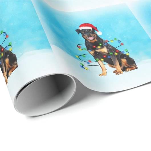 Papier Cadeau Doigt Rottweiler en neige avec lumière de chapeau (Coin rond)