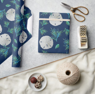 Papier Cadeau Dollar de Sable Thème Marin Bleu Profond