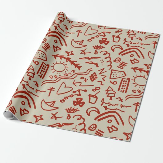 Papier Cadeau Doodé rouge et beige (Déroulé)