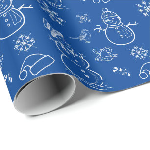 Papier Cadeau Doodle de Noël Snowman Funny Bleu et blanc