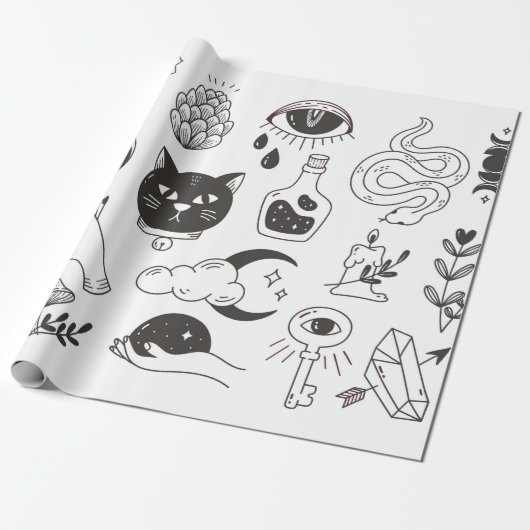 Papier Cadeau doodle de tatouage mystique dessiné à la main, bad (Déroulé)