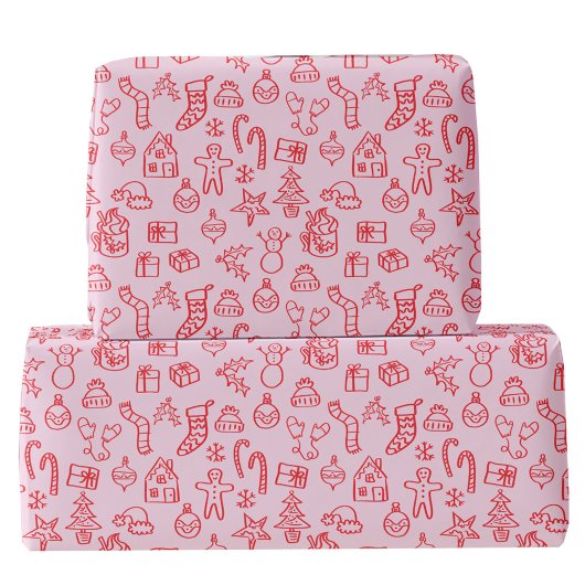 Papier Cadeau Doodle de Vacances Rouge et rose