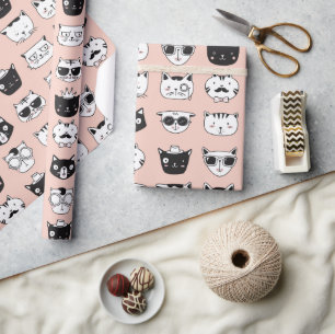 Papier Cadeau Doodles à visage de chat soyeux