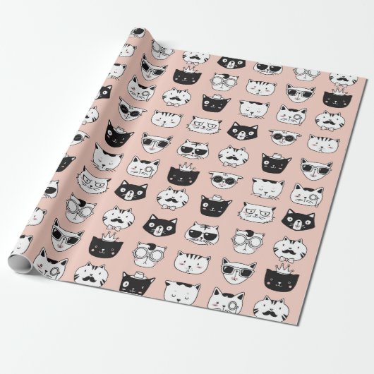 Papier Cadeau Doodles à visage de chat soyeux (Déroulé)