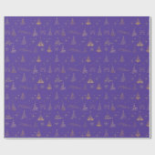 Papier Cadeau Doodles d'arbres de Noël élégants en or et violet (Plat)