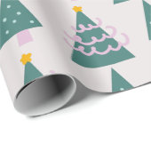 Papier Cadeau Doodles d'arbres mignons rose vert (Coin rond)
