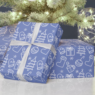 Papier Cadeau Doodles de Noël Sapphire gris bleu pourpre