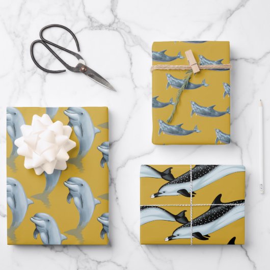 Papier cadeau doré motifs dauphins (Recto)