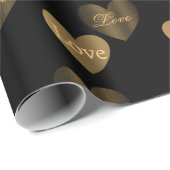 Papier Cadeau Doubler les Coeurs d'Amour Or sur Noir (Coin rond)