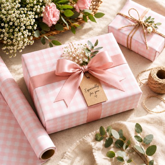 Papier Cadeau Douce Anniversaire Gingham Rose Tendre