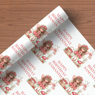 Papier Cadeau Douce Fille Fée Rougeur Floral Anniversaire Emball