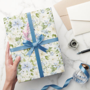 Papier Cadeau Douce Mariée Fleurie Crème Bleue