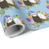 Papier Cadeau Douce Paire de Furets Floraux Bleus Fantaisistes (Coin rond)