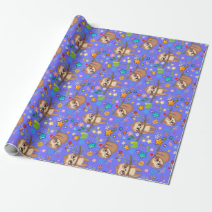 Papier Cadeau Douce Paresseux Motif Bleu Bébé Shower Anniversai