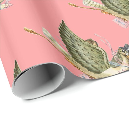 PAPIER CADEAU DOUCHE POUR FILLE ROSE STORK BÉBÉ (Coin rond)