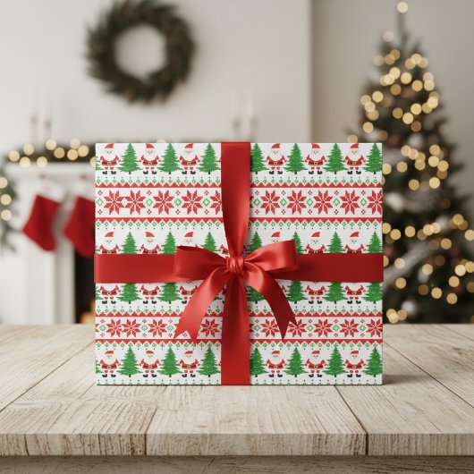 Papier Cadeau Doux affreux Pixelé Père Noël Festive Stripes