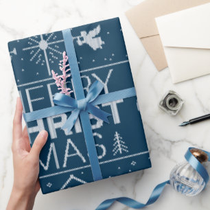 Papier Cadeau Doux de Noël moche Religieux Christian Bleu