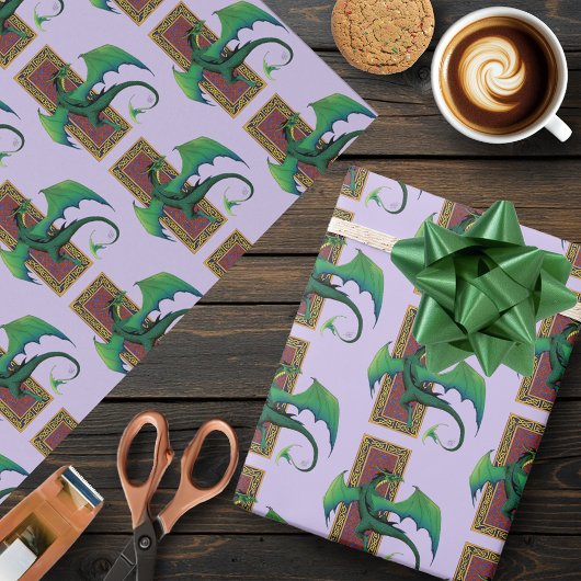 Papier Cadeau Dragon Celtique Vert Fantastique à Nœuds Violets
