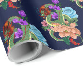 Papier Cadeau Dragon chinois et fleurs (Coin rond)